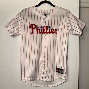 Majestic Philadelphia Phillies YOUTH Large Button Down Short Sleeve Jersey EUC